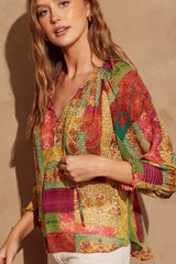 Aura Smocked Neckline Flowy Blouse Olive Multi