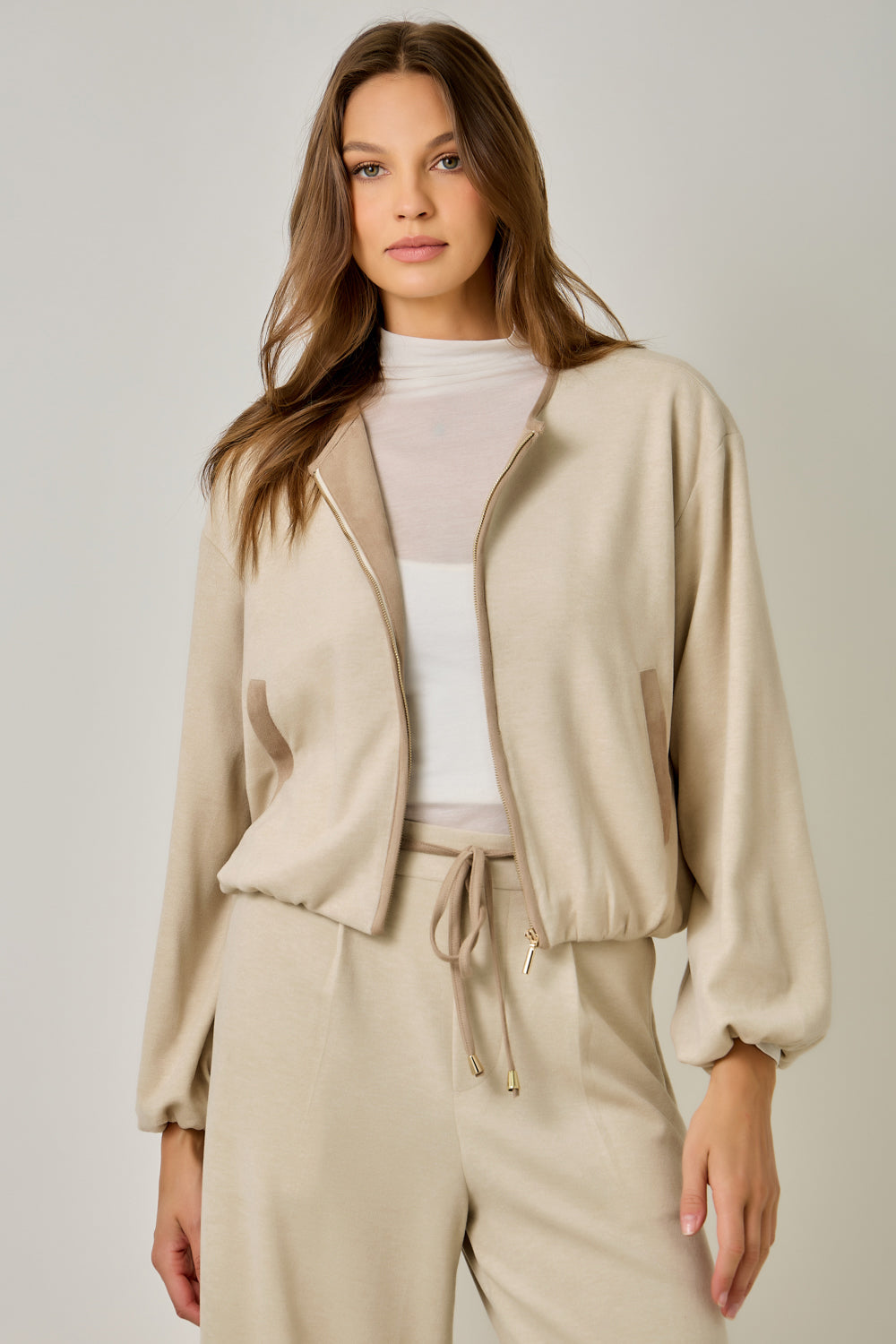 Suede Accent Bubble Hem Jacket Warm Beige