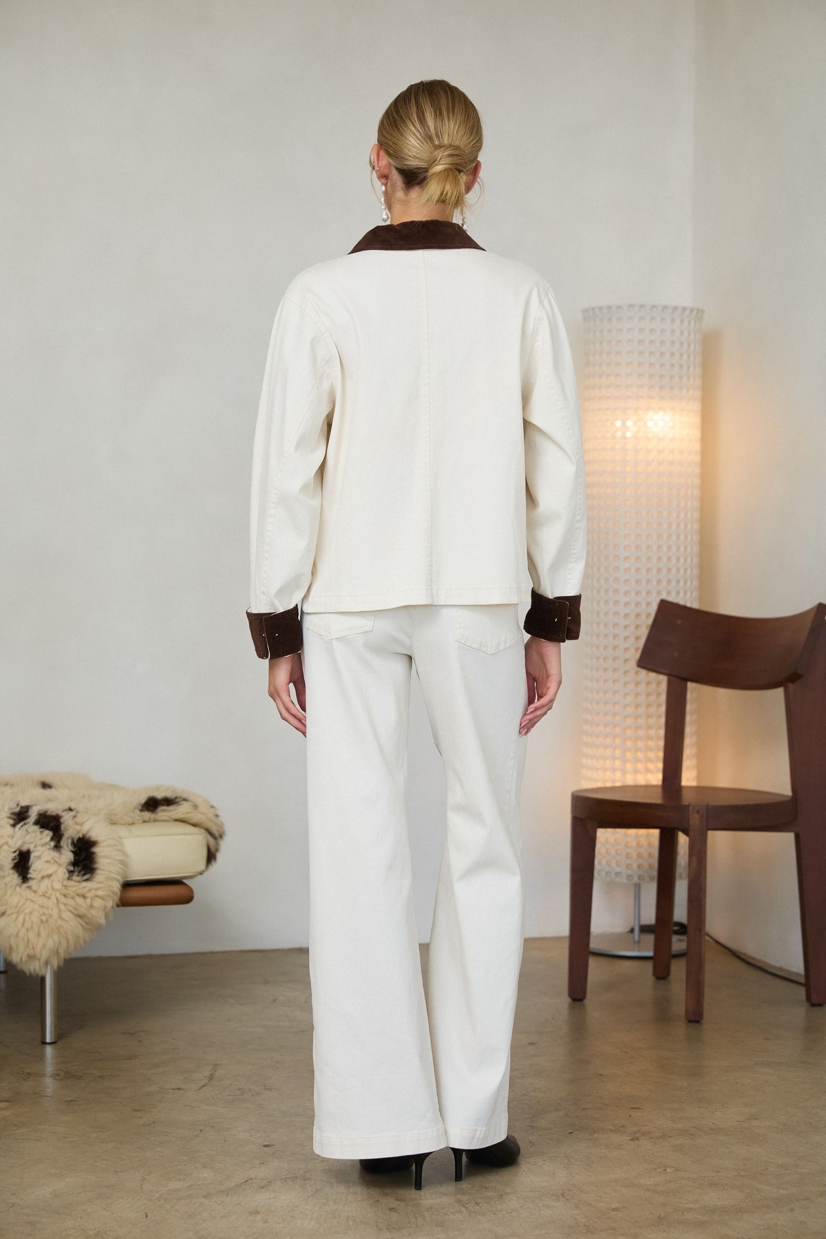 Cotton Twill Contrast Barn Jacket Ivory + Brown