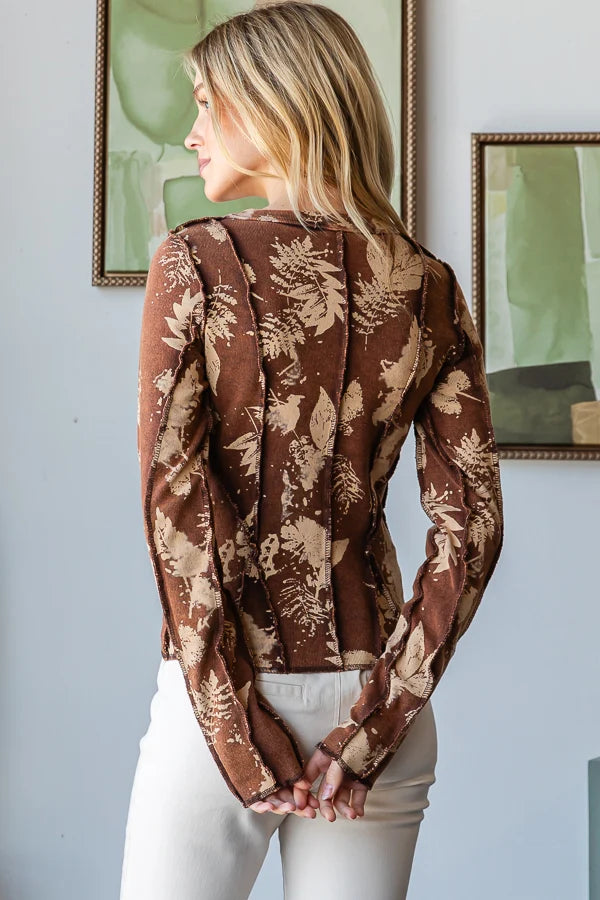 Leaf Print Exposed Seam Long Sleeve Top Brown