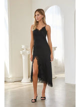 Crinkled Satin Lace Cami Dress Black