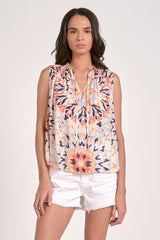 Flowy Tie Neck Printed Tank Multi Kaleidoscope