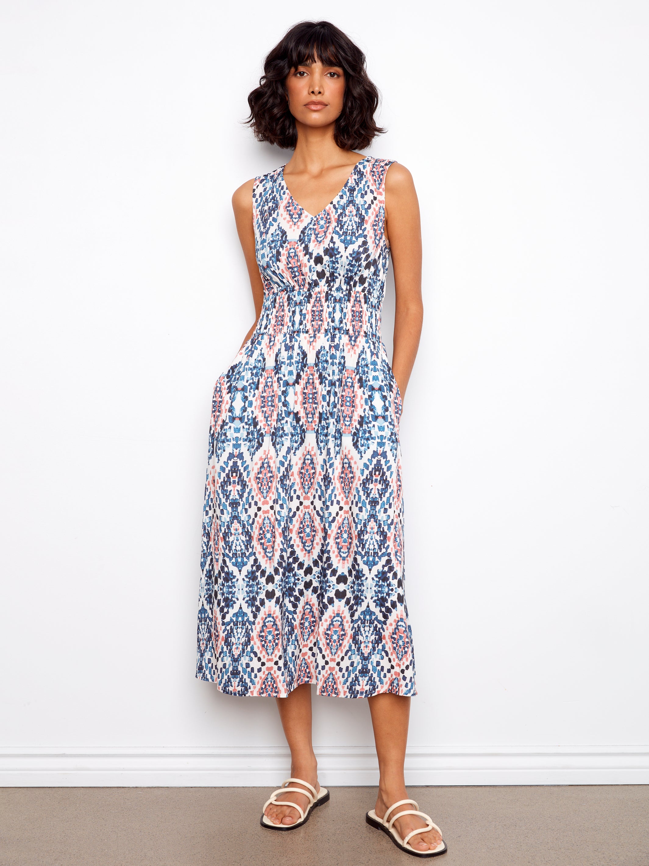 Vneck Smocked Waist Printed Midi Dress Nomad