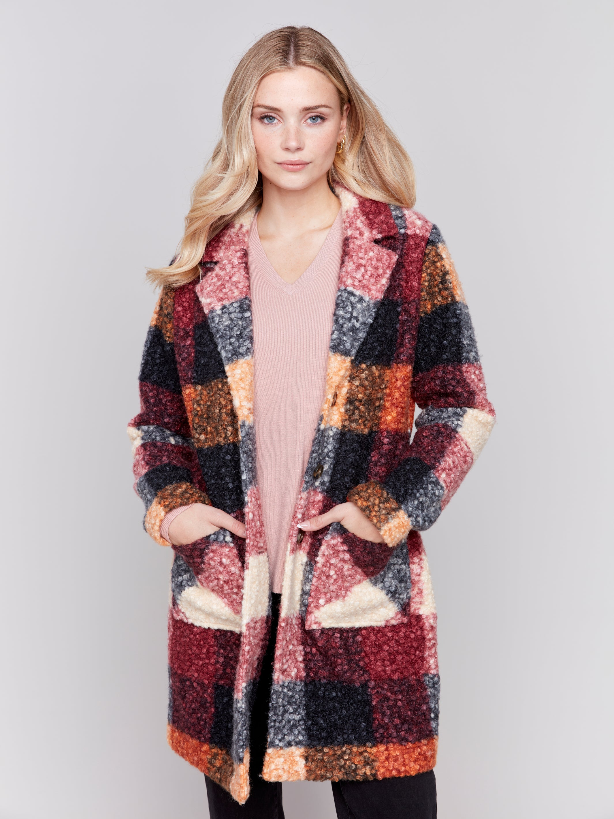 Plaid Boucle Knit Coat Cabernet