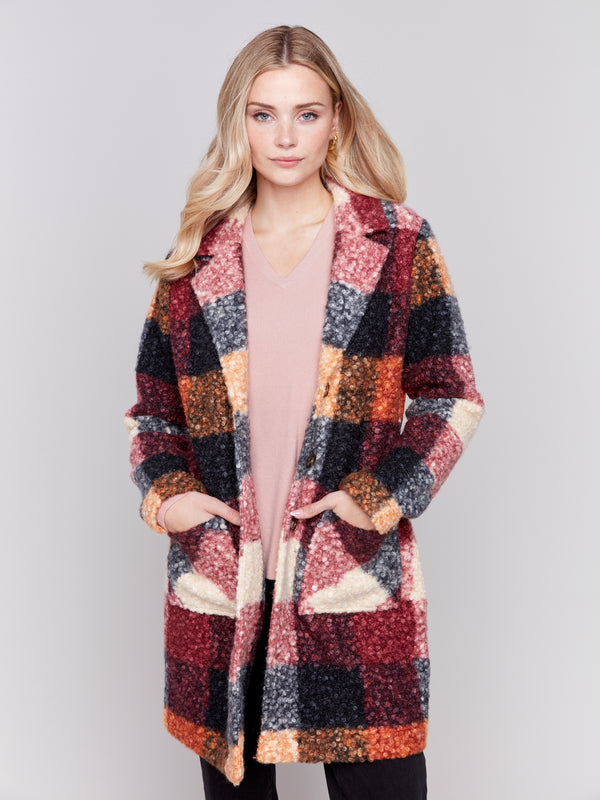 Plaid Boucle Knit Coat Cabernet