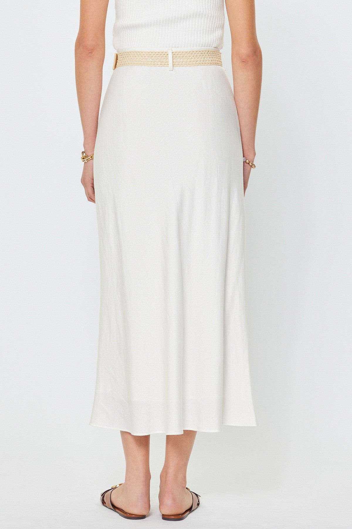 Raffia Belt Linen Blend Maxi Skirt White