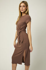 Waist Tie Midi Dress Brown