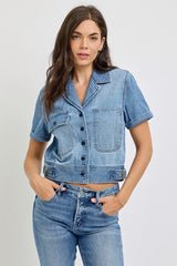 Short Sleeve Buckle Detail Denim Shirt Jacket Medium