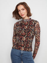 Printed Mesh Mock Neck Long Sleeve Top Kaia