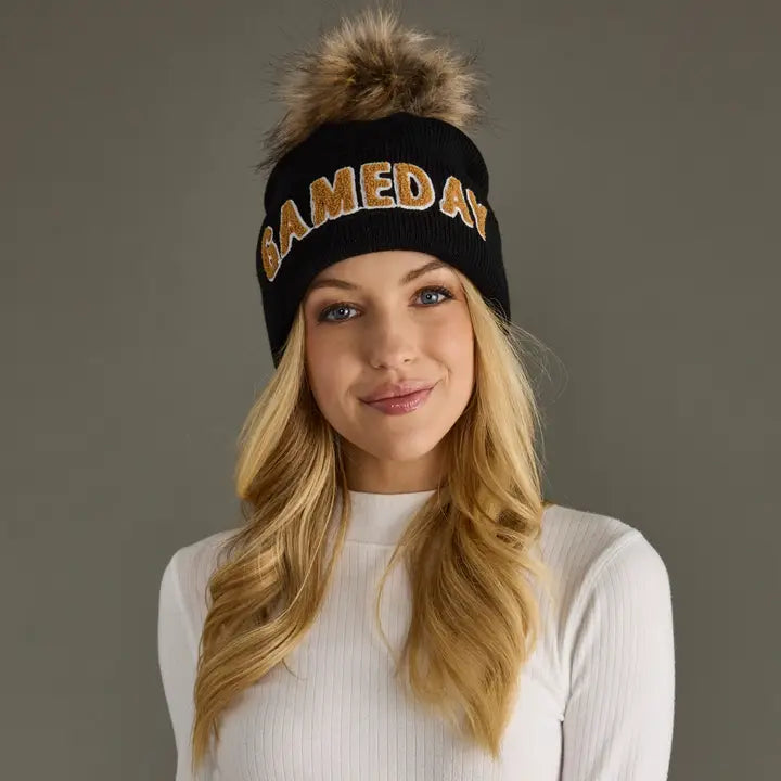 Game Day Pom Hat Black + Tan
