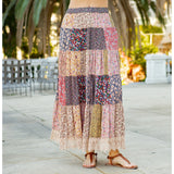 Tiered Western Mix Patched Maxi Skirt Latte