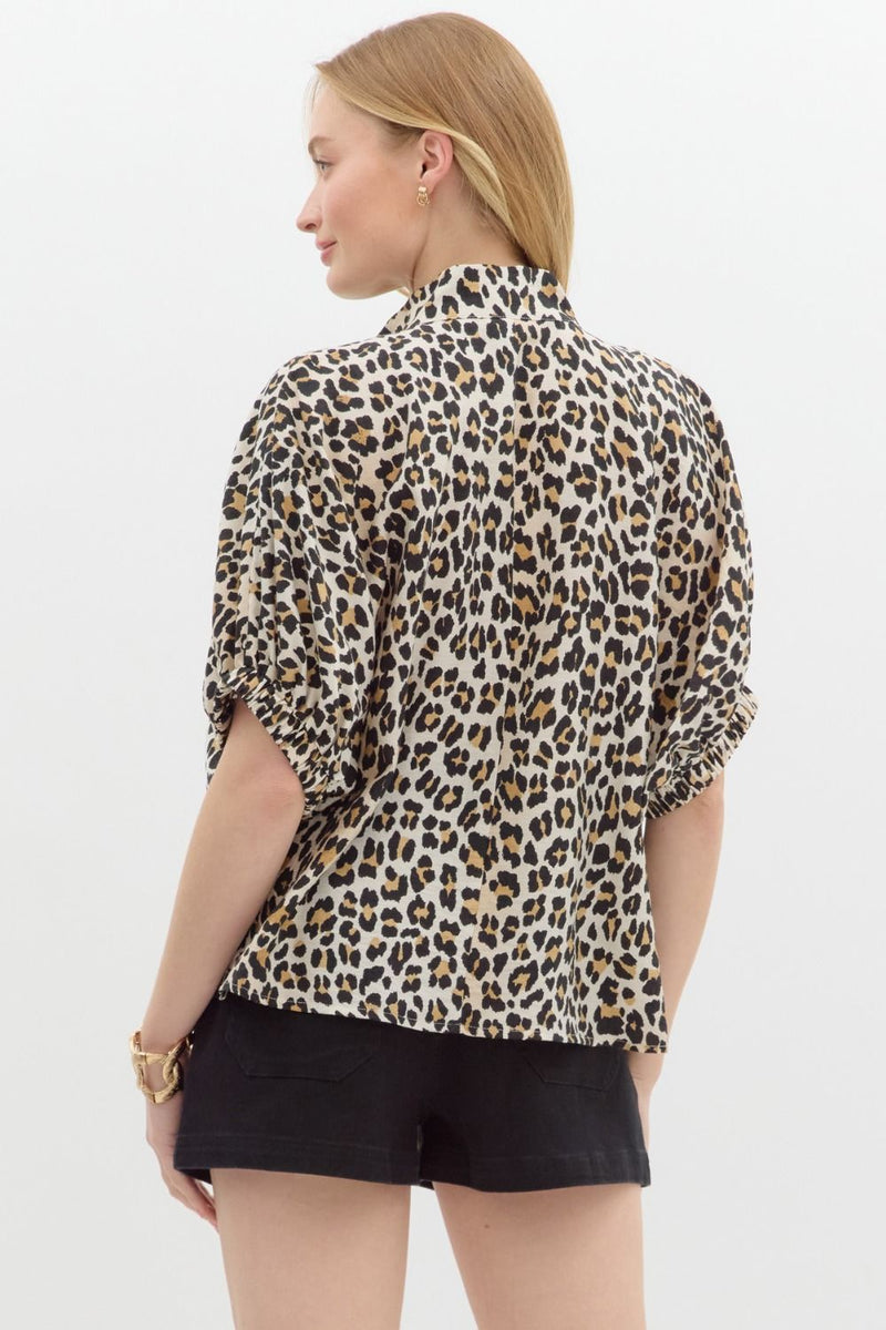 Leopard Print Stripe Band High Neck Top Camel