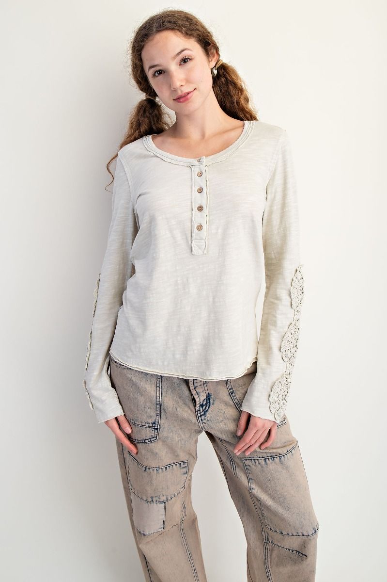 Crochet Lace Detailing Slub Top Ecru