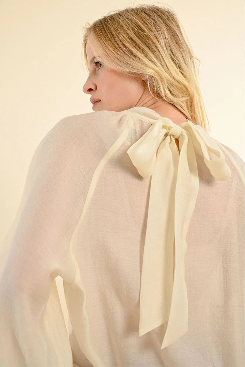 Bishop Sleeve High Neck Bow Back Blouse Off White