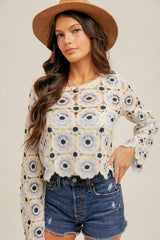 Floral Crochet Knit Top Ivory