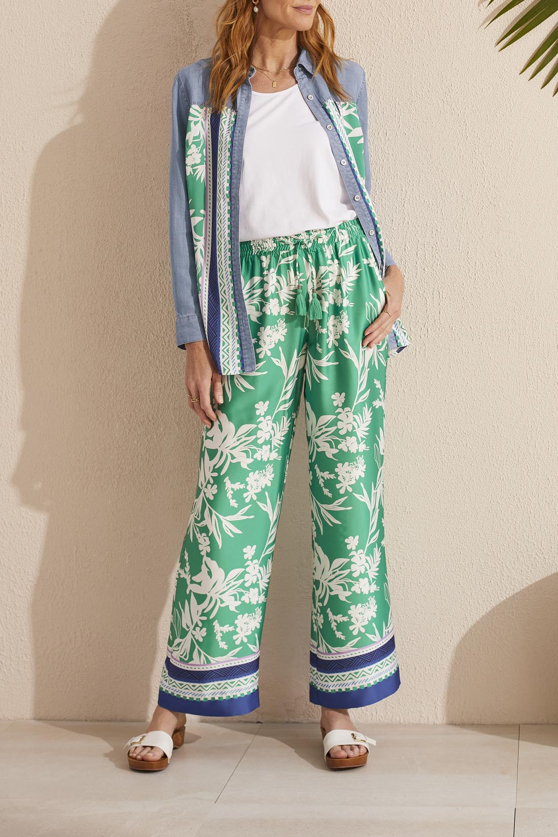 Mixed Media Border Print Denim Shirt Jade Mist