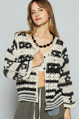 Rounded Neck Crochet Stripe Cardigan