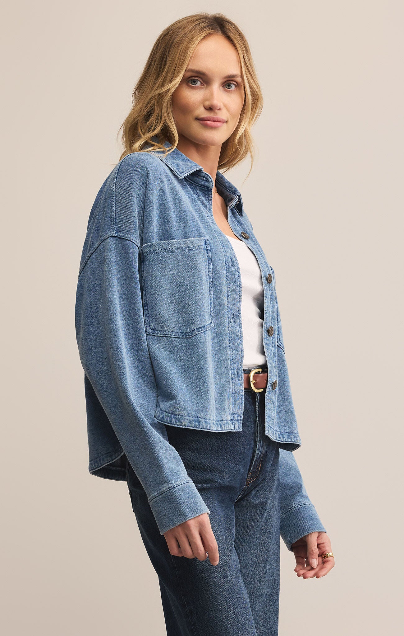 All Day Cropped Knit Denim Jacket Vintage Indigo