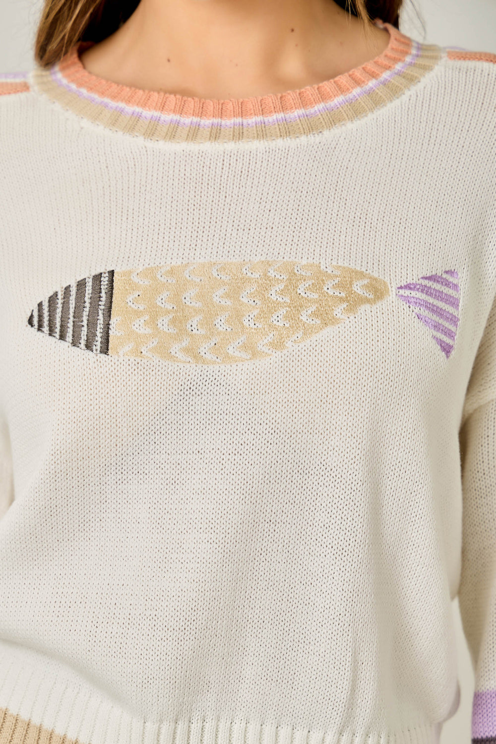 Color Block Embroidered Fish Sweater Off White Mix