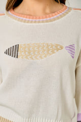 Color Block Embroidered Fish Sweater Off White Mix