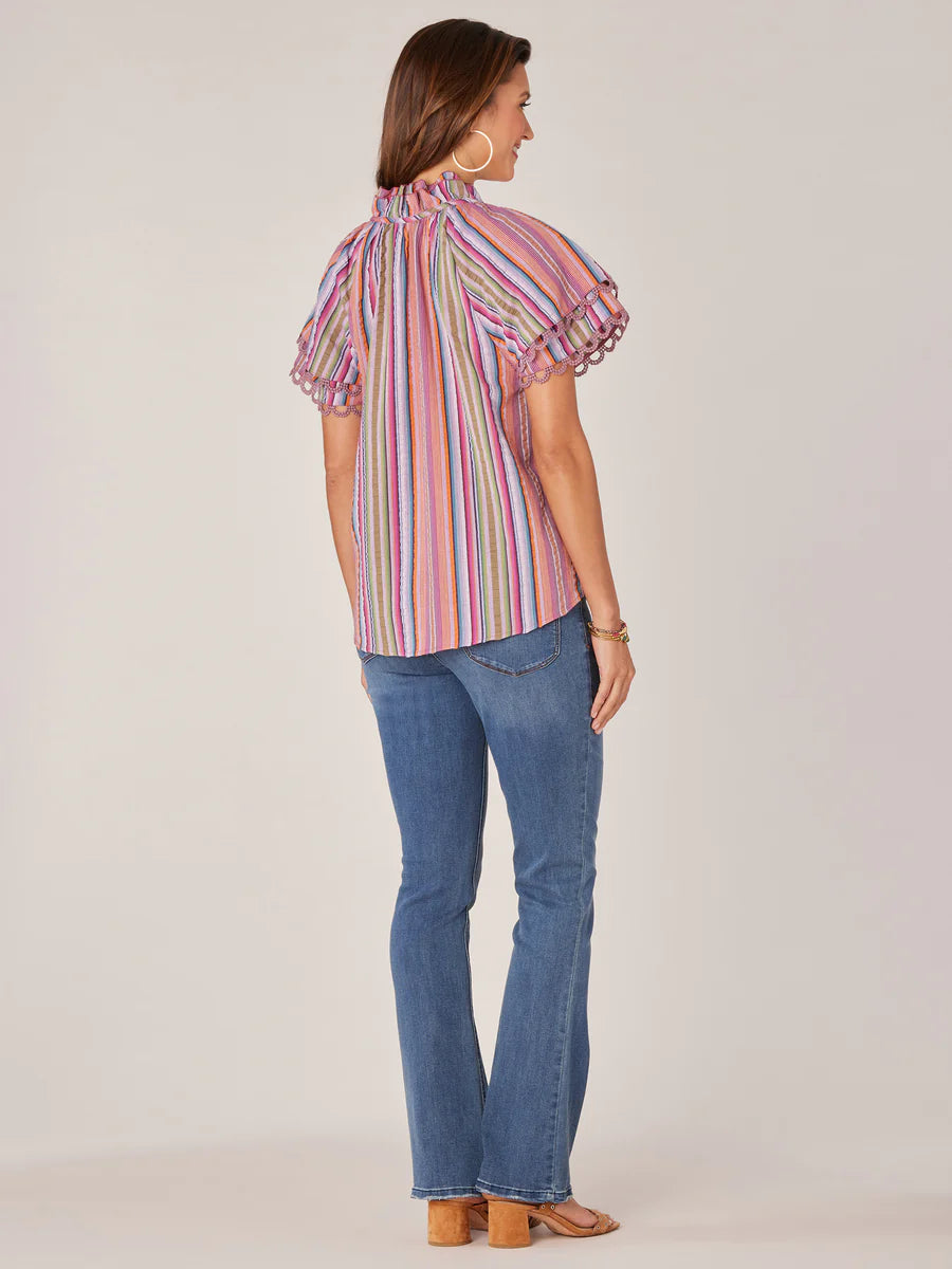 Double Flounce Sleeve Ruffle Neck Stripe Top Icy Violet Multi