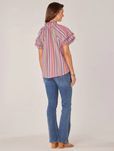 Double Flounce Sleeve Ruffle Neck Stripe Top Icy Violet Multi