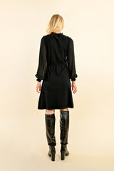 Ruffle Mock Neck Embroidered Front Dress Black
