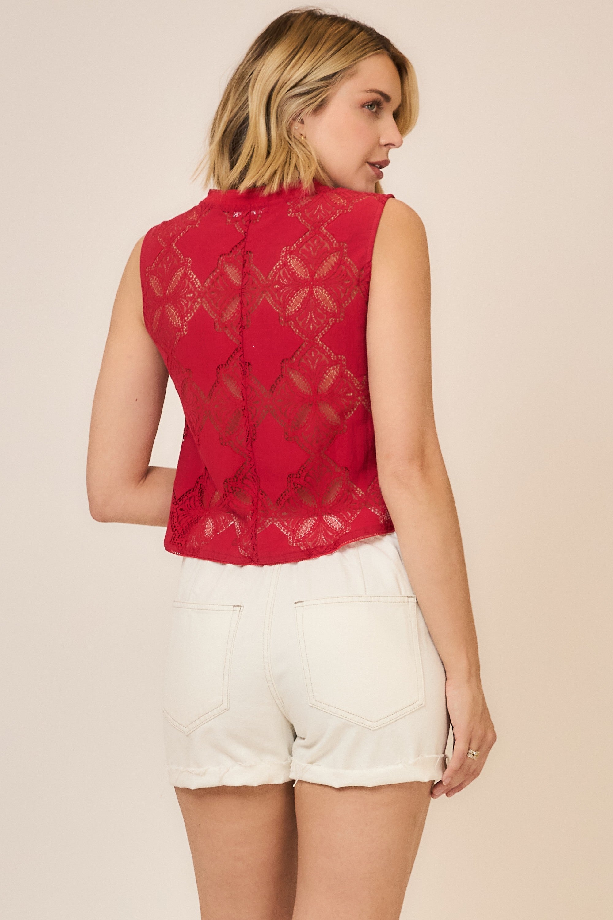 Lace Button Up Sleeveless Top Red