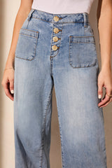 Audrey Hugging Button Fly Wide Crop Jeans Sanded Blue