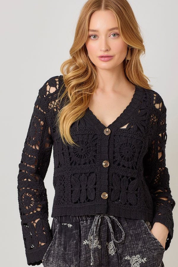 Crochet Button Up Jacket Black