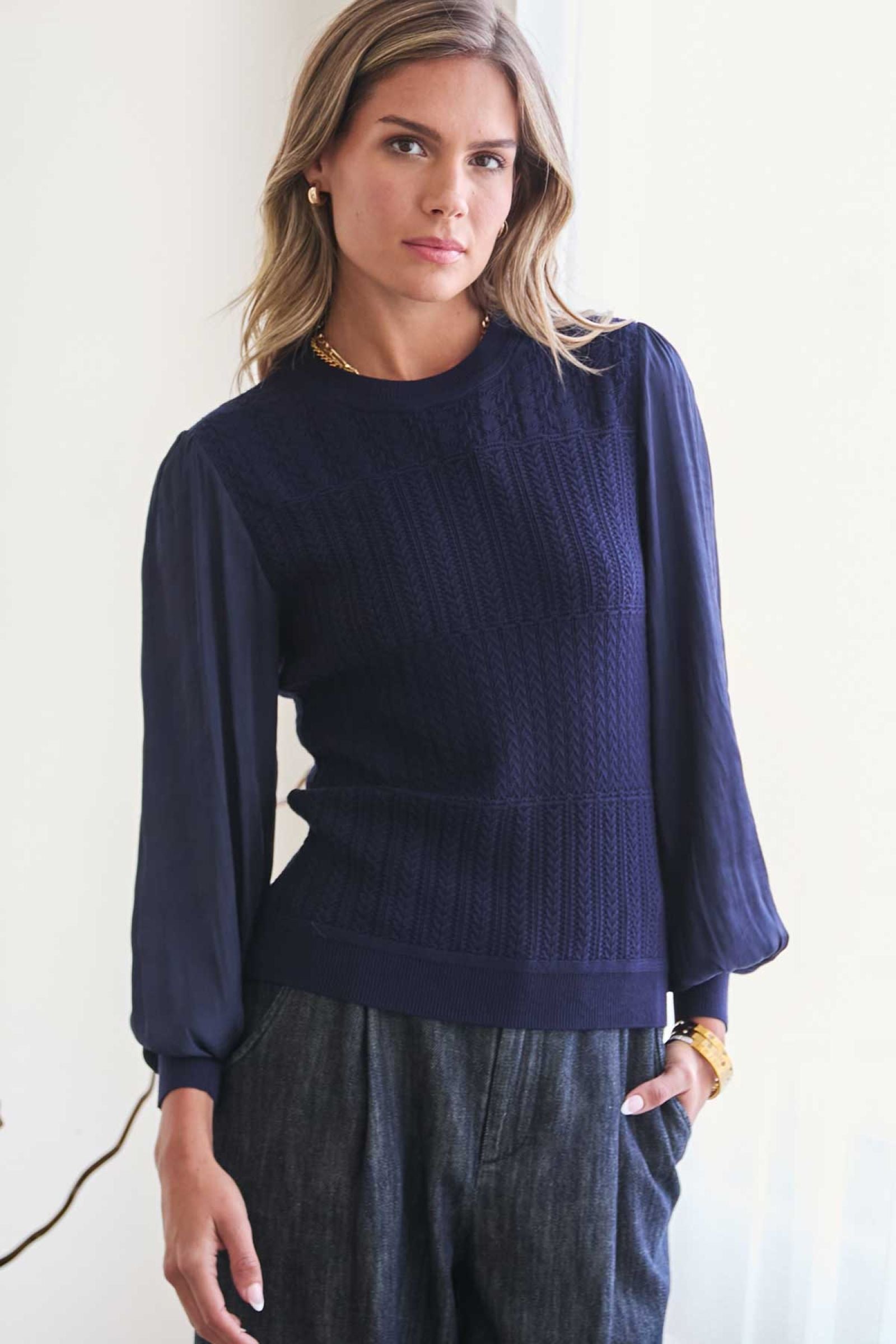 Mix Media Sweater Top Navy