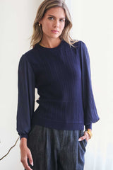 Mix Media Sweater Top Navy
