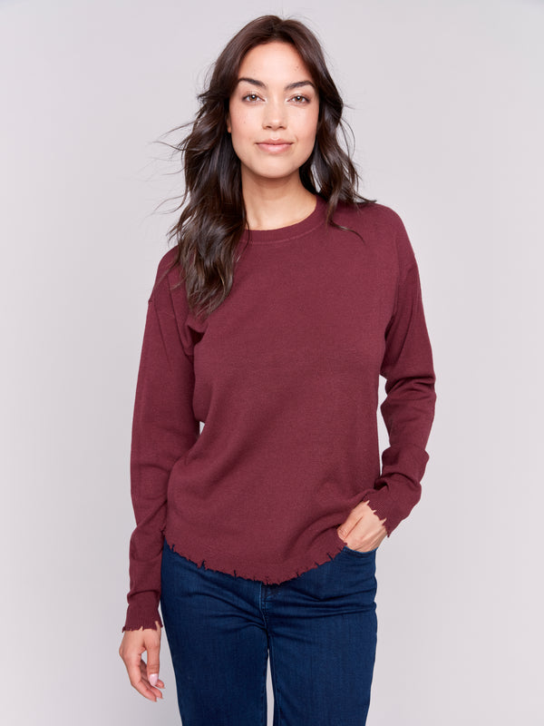 Solid Distressed Hem Round Hem Sweater Cabernet