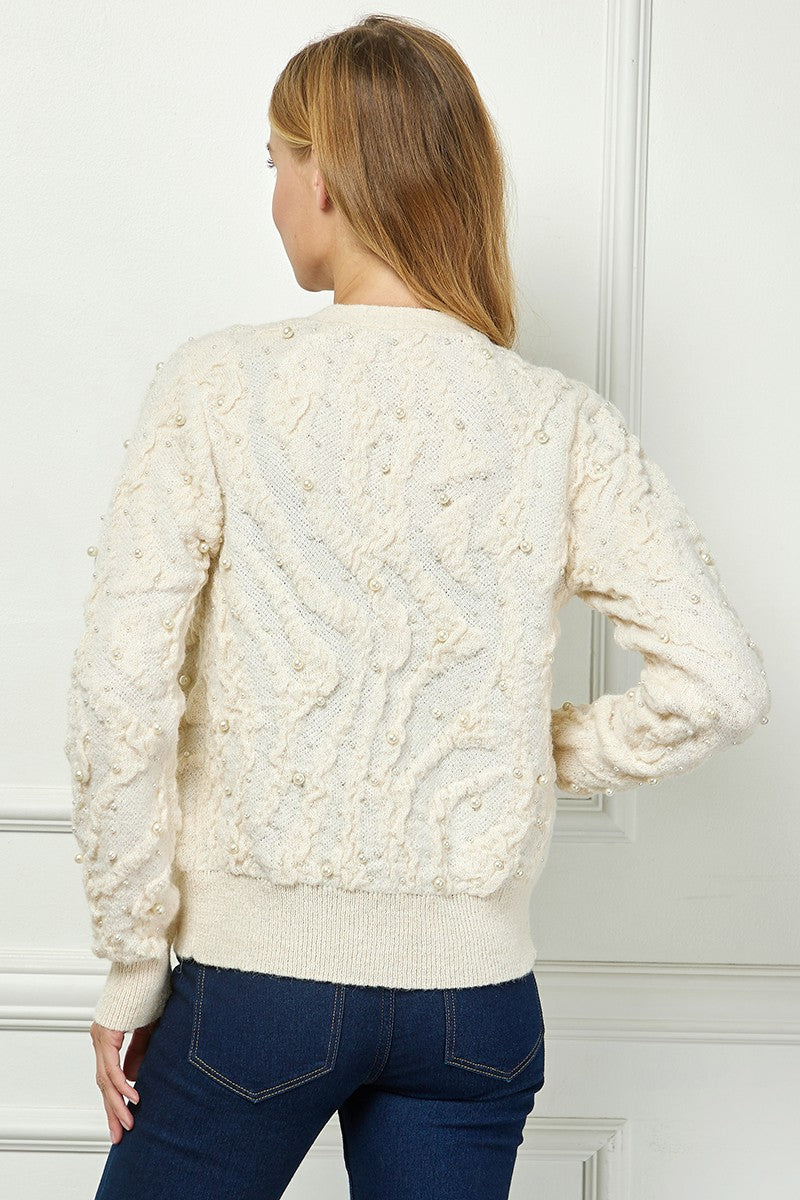 Wavy Knit Mixed Pearls Cardi Cream