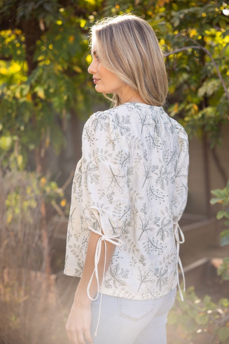 Fern Floral Embroidered Pintuck Tied Sleeve Top Olive