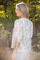 Fern Floral Embroidered Pintuck Tied Sleeve Top Olive