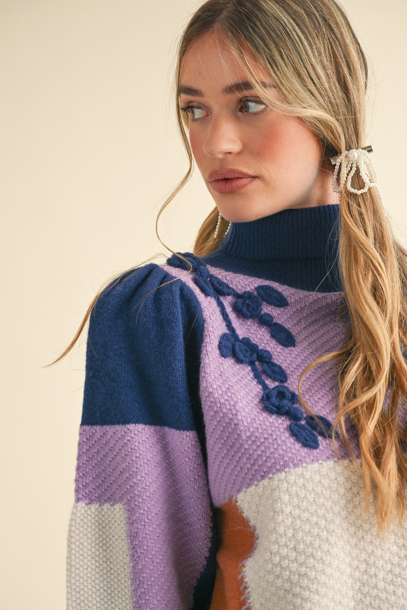 Colorblock Patchwork Turtleneck Sweater Navy