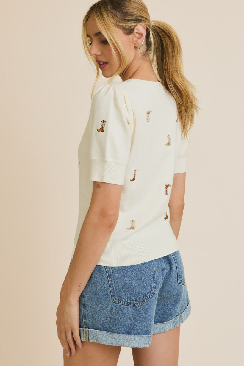 Embroidered Cowboy Boots Puff Sleeve Knit Top Cream