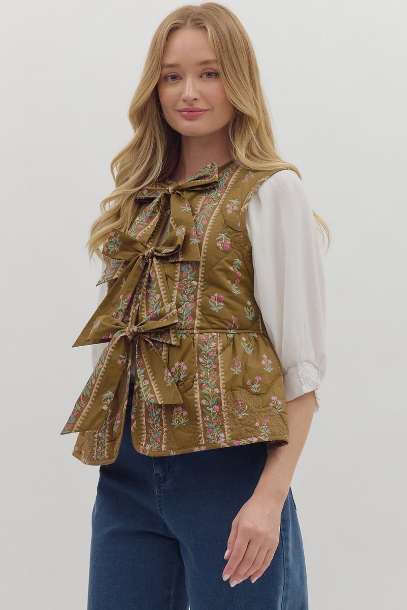 Floral Triple Bow Quilted Peplum Vest Brown