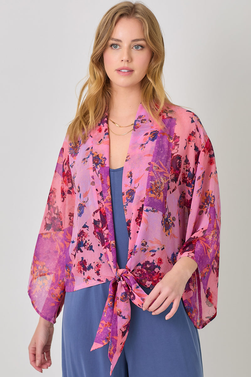 Mixed Floral Print Kimono Grape