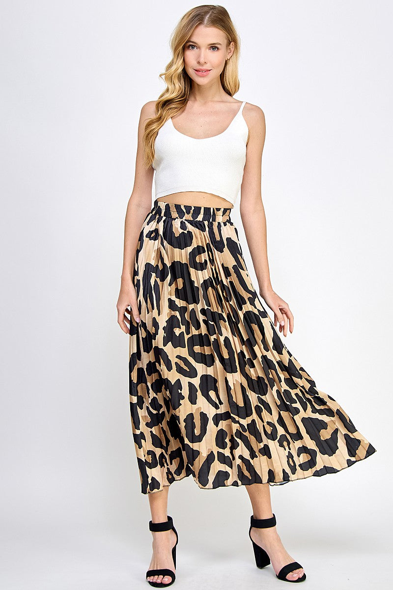 Leopard Print Pleated Midi Skirt