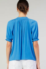Smocked Trimmed Neck Half Balloon Sleeve Blouse Faded Blue
