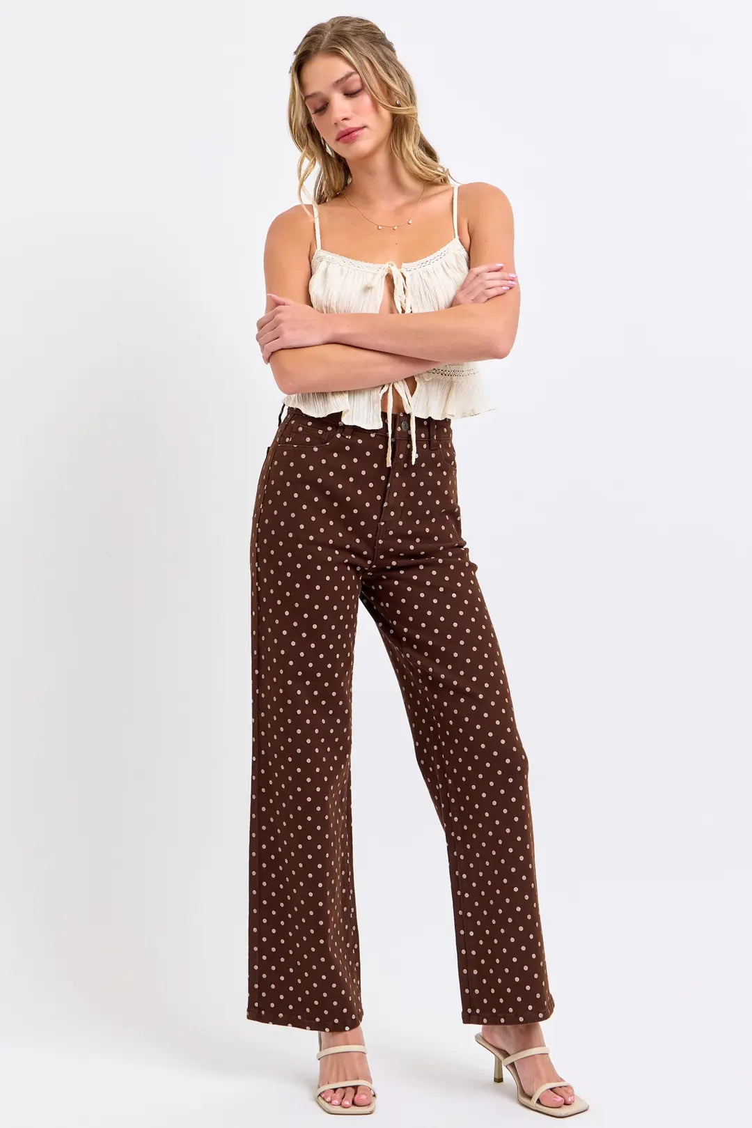 Polka Dot High Rise Wide Leg Pants Brown