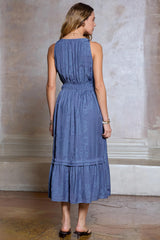 Floral Jacquard Split Neck Midi Dress Parisian Blue