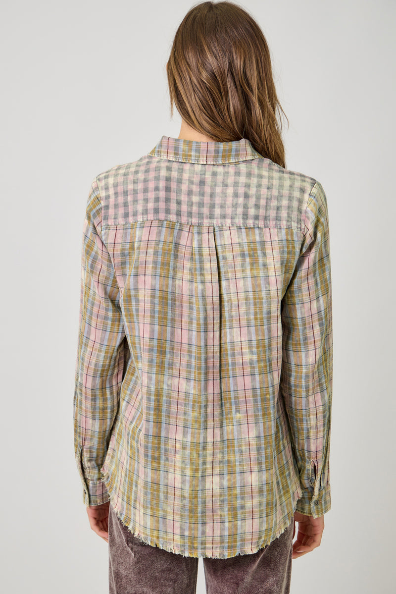 Fringe Bottom Detail Washed Plaid Shirt Vintage Rose