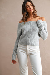 Off Shoulder Cropped Button Sweater Cardi Heather Grey
