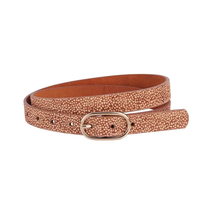 Spotted Calf Hair Skinny Belt Tan