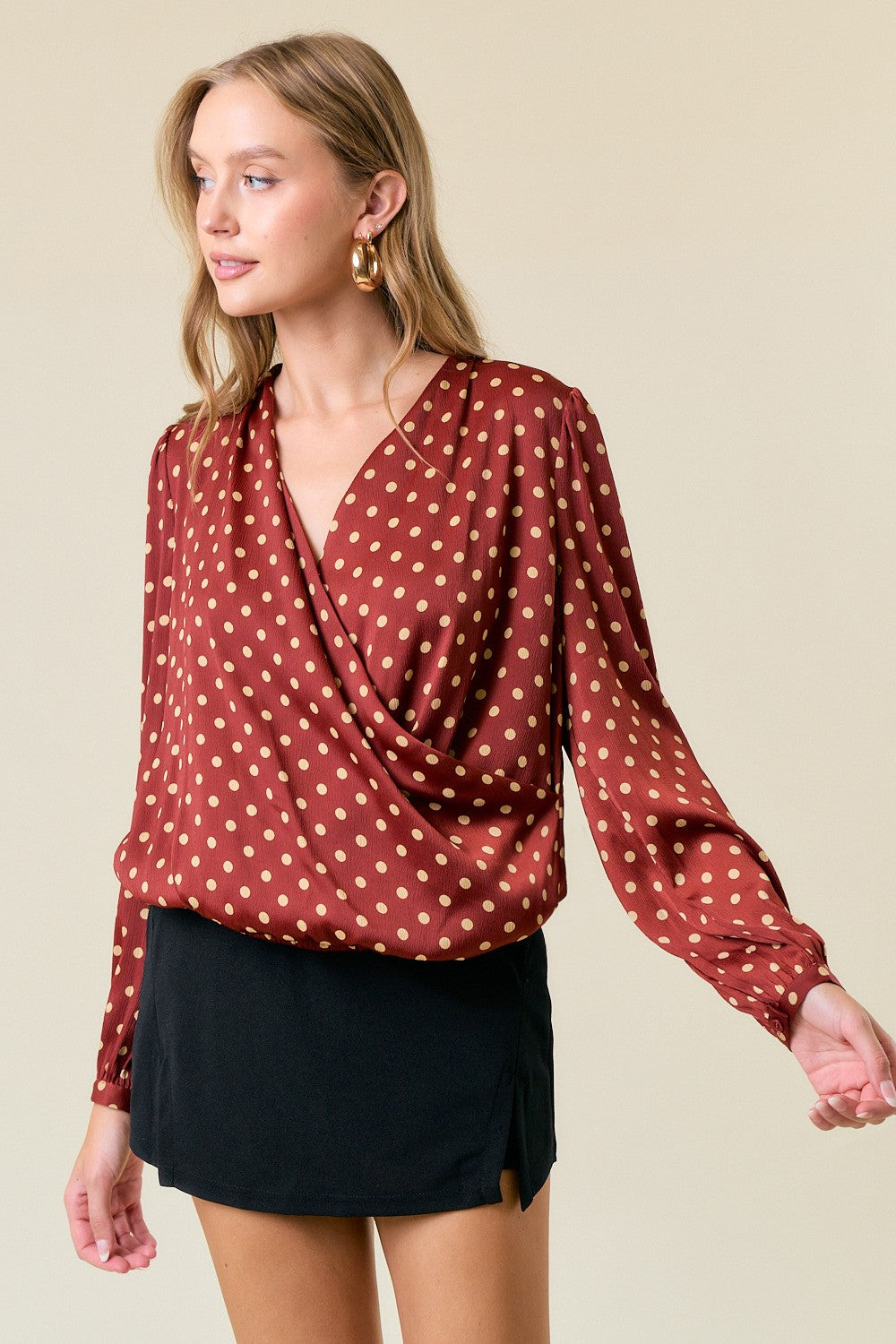 Polka Dot Silky Crossover Blouse Cognac