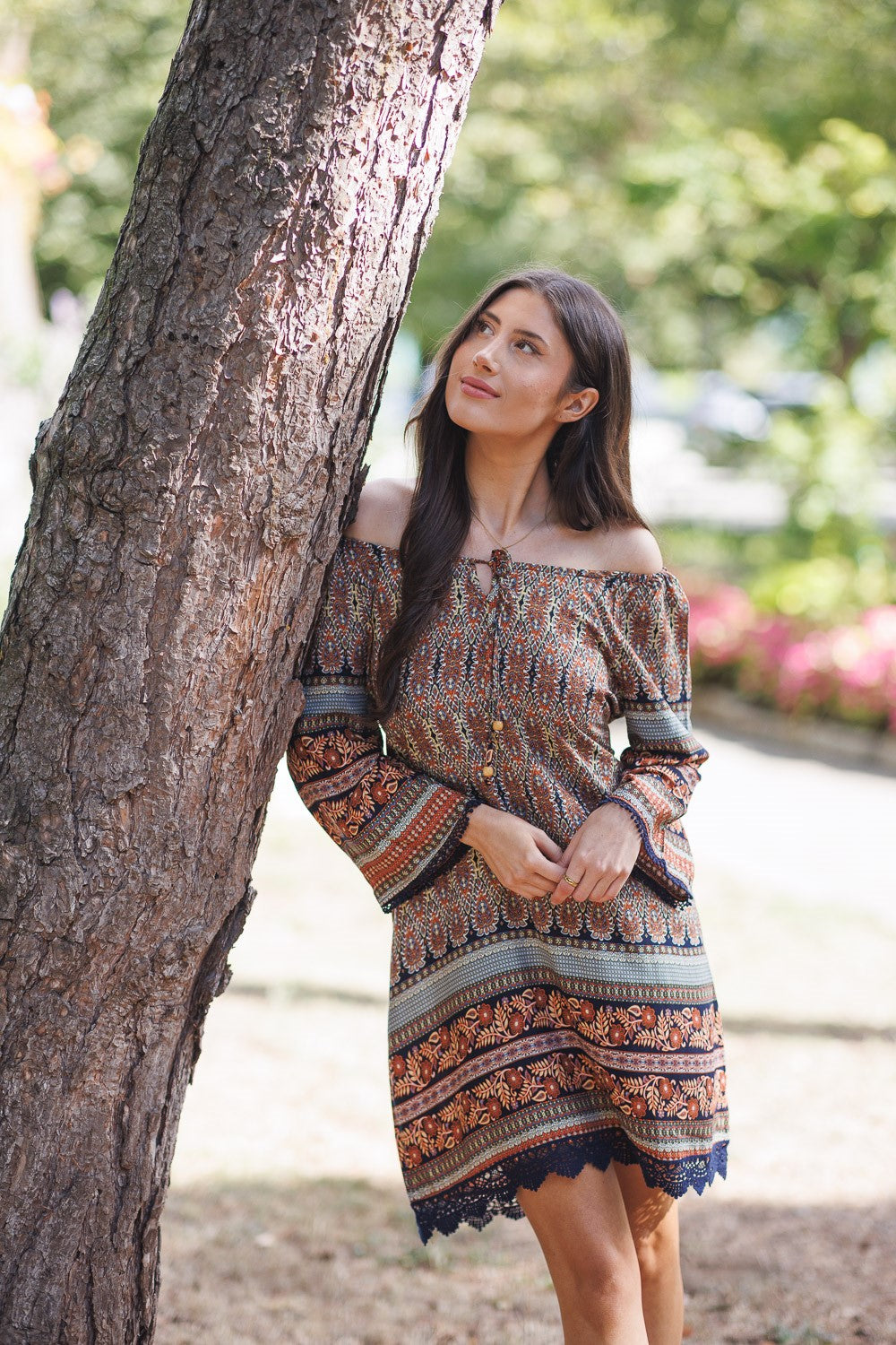 Global Border Print Crochet Trim Dress Khaki