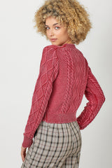 Washed Cropped Cable Knit Scallop Hem Sweater Washed Red